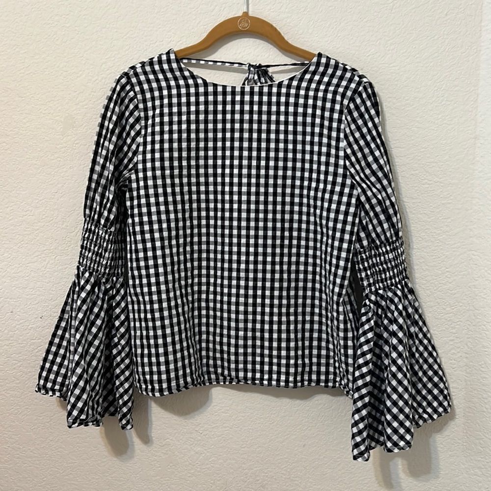 Gianni Bini Black and White Check Flare Sleeve Blouse - Size XS